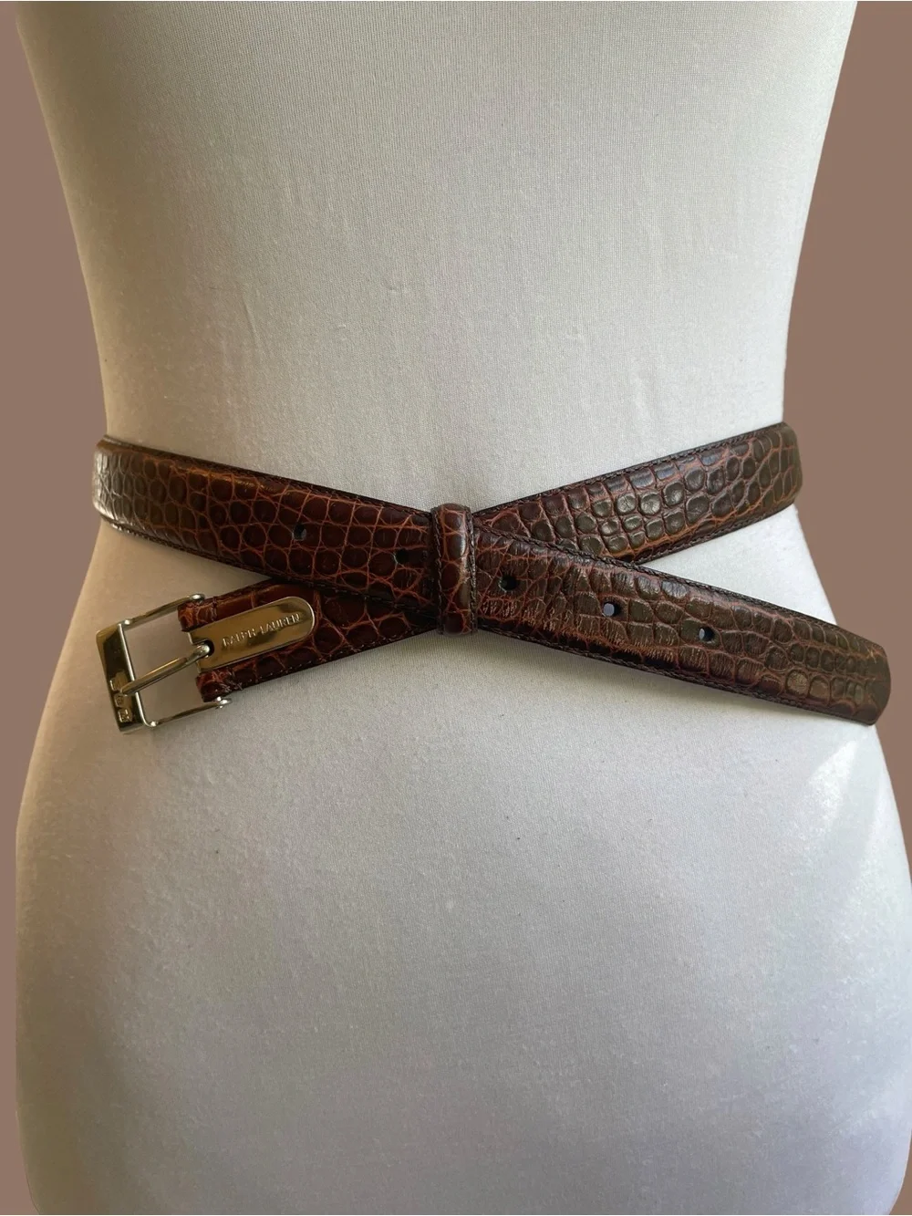 Ralph Lauren Brown Croc Embossed Leather Skinny Belt Vintage 90s Y2K Size S